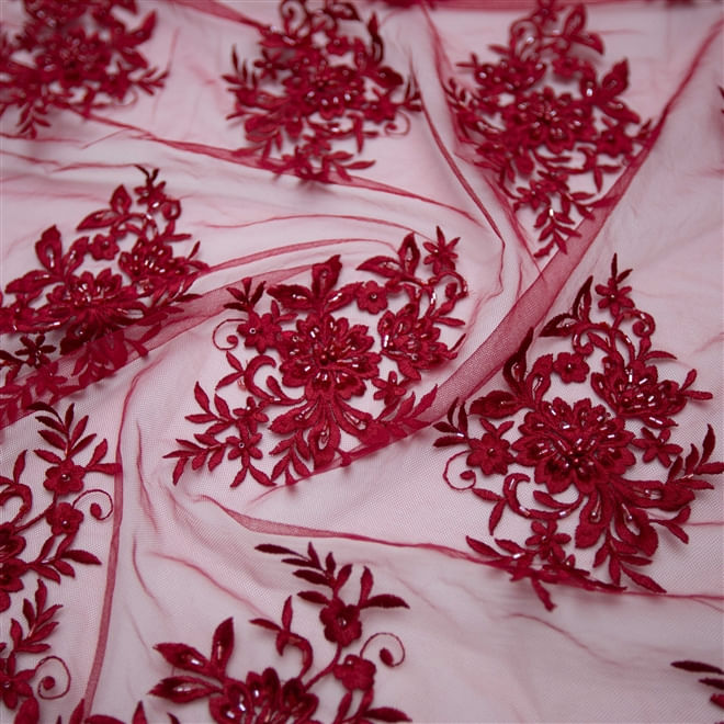 Tecido renda bordada pedraria vermelho