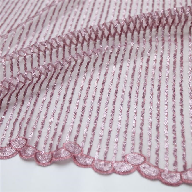 Tecido renda tule bordado paetê listrado rosa chá