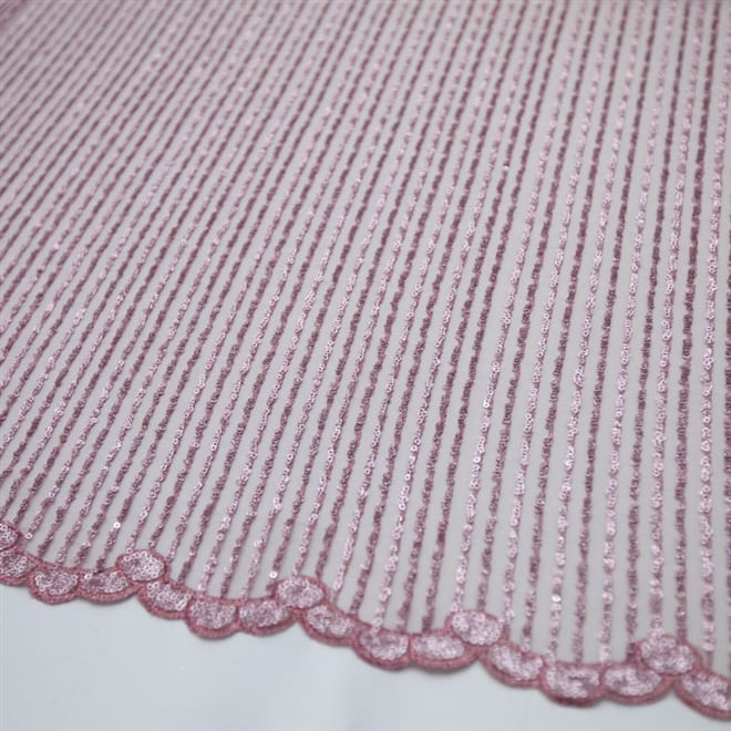 Tecido renda tule bordado paetê listrado rosa chá