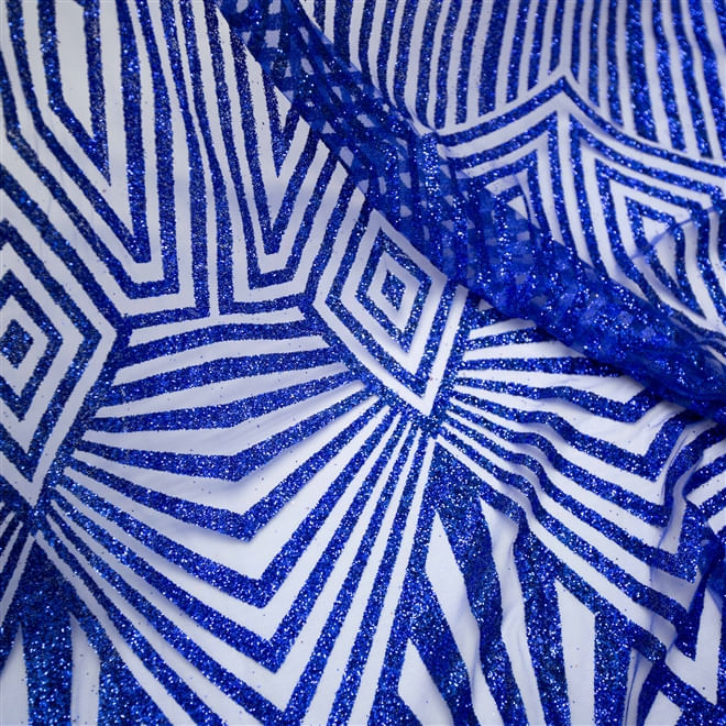 Tecido renda tule bordado glitter geométrico azul royal