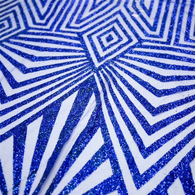 Tecido renda tule bordado glitter geométrico azul royal