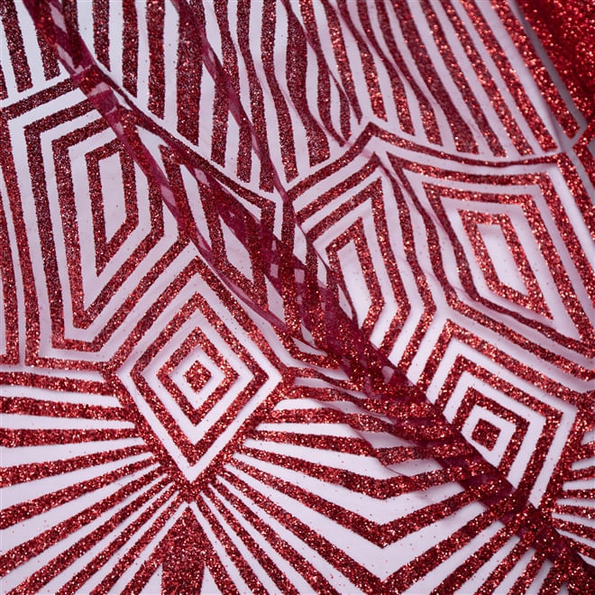 Tecido renda tule bordado glitter geométrico marsala