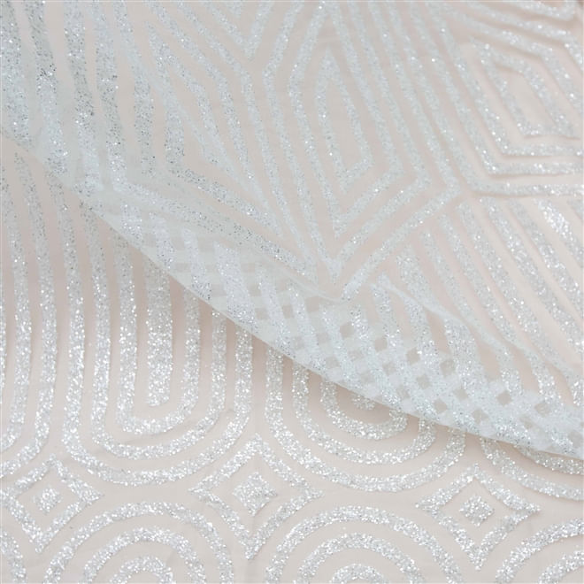 Tecido renda tule bordado glitter geométrico off white