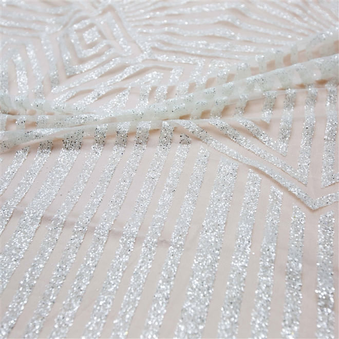 Tecido renda tule bordado glitter geométrico off white