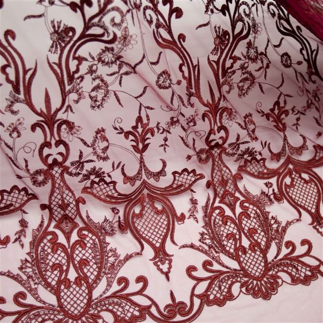 Tecido renda tule bordado paetê arabesco marsala