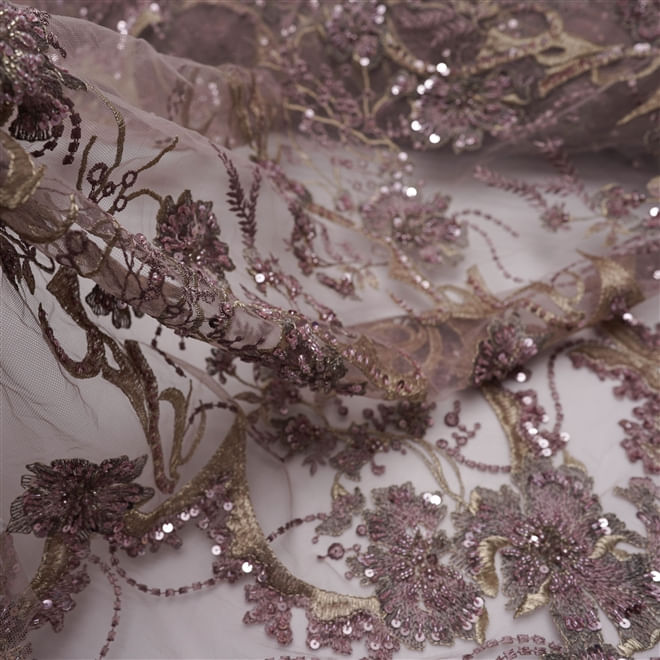 Tecido renda tule bordado pedraria lilás envelhecido