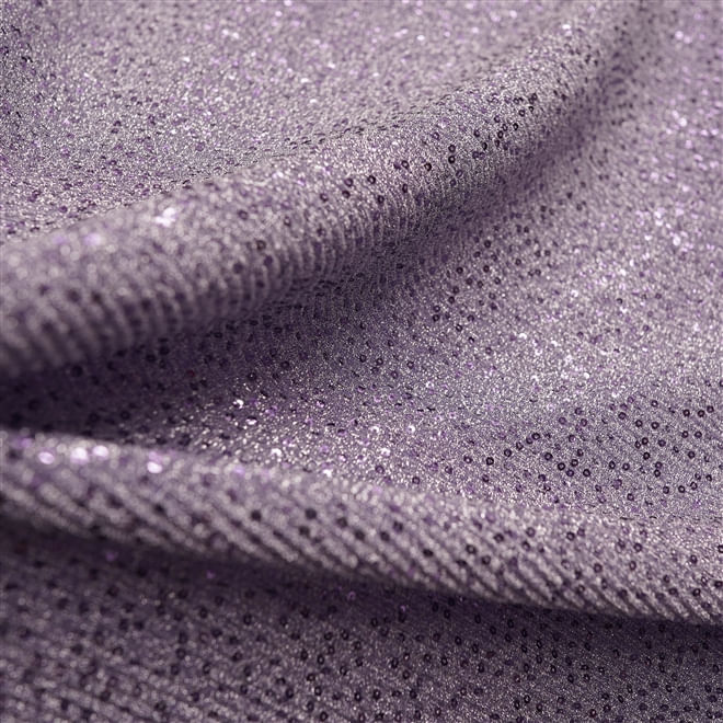 Tecido malha plissada roxo bordado paetê fio lurex prata