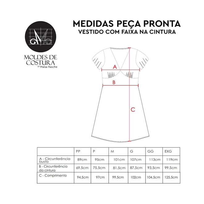 Molde vestido com faixa na cintura tamanho PP ao EXG by Maísa