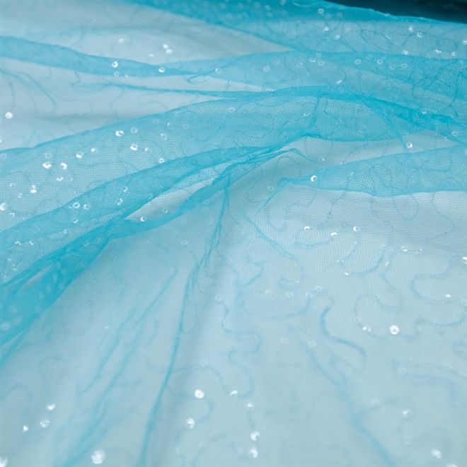 Tecido tule paetizado sem fim (mini paetê) azul turquesa