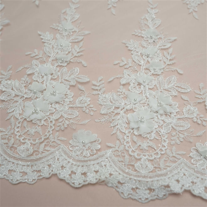 Tecido renda tule bordado cordonê flores 3d off white