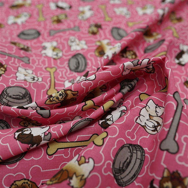 Tecido tricoline 100% algodão rosa estampado cachorros