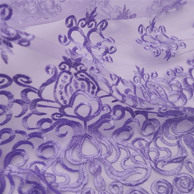 Tecido renda tule bordado arabesco lilás lavanda
