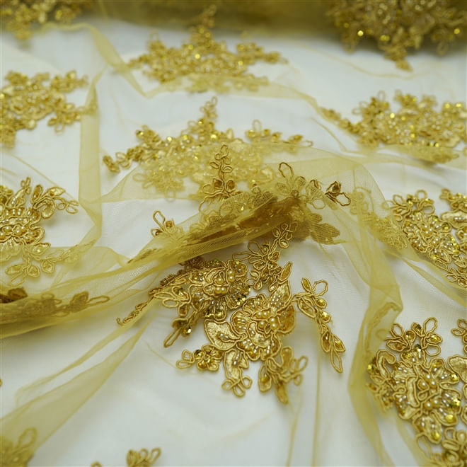 Tecido renda tule bordado cordonê dourado
