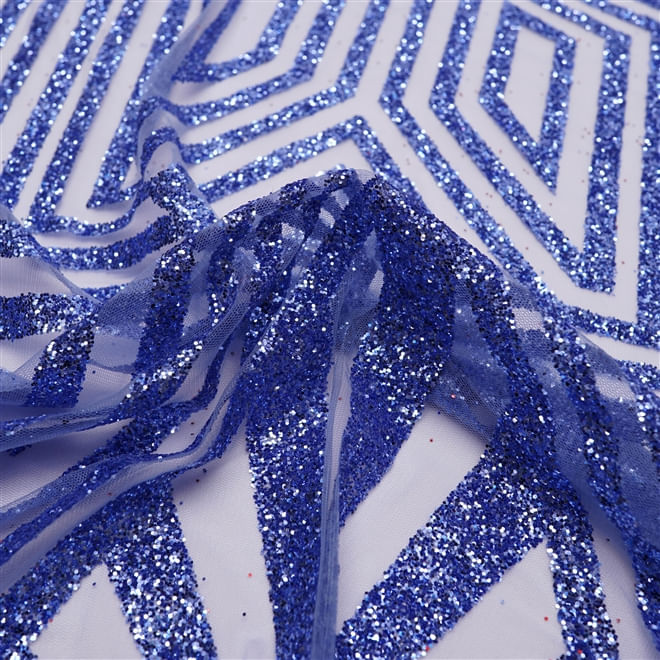 Tecido renda tule bordado glitter geométrico azul serenity