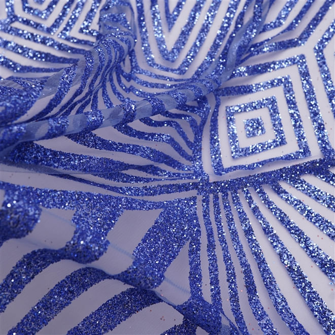 Tecido renda tule bordado glitter geométrico azul serenity