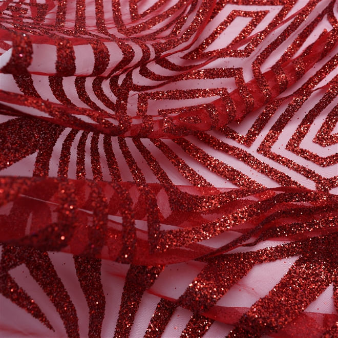 Tecido renda tule bordado glitter geométrico vermelho