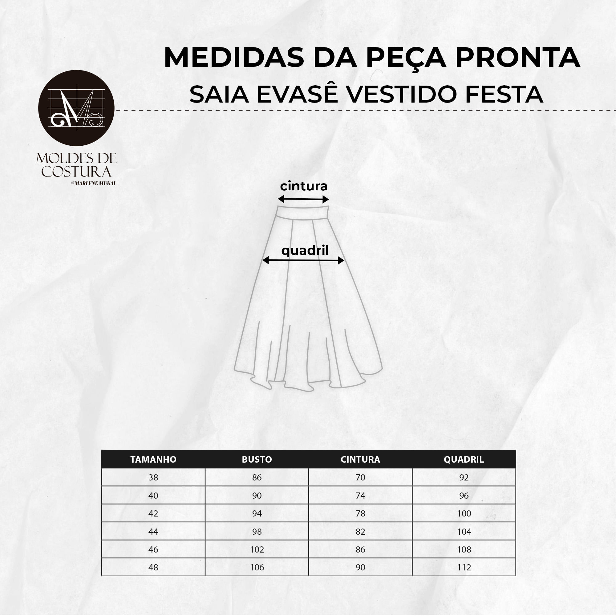 Molde saia evasê vestido festa tamanho 38 ao 48 by Marlene Mukai