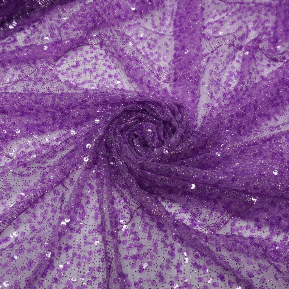 Tecido tule bordado paetê com glitter lilás