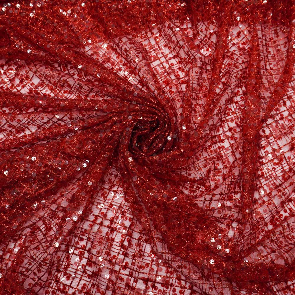 Tecido tule bordado paetê com glitter vermelho