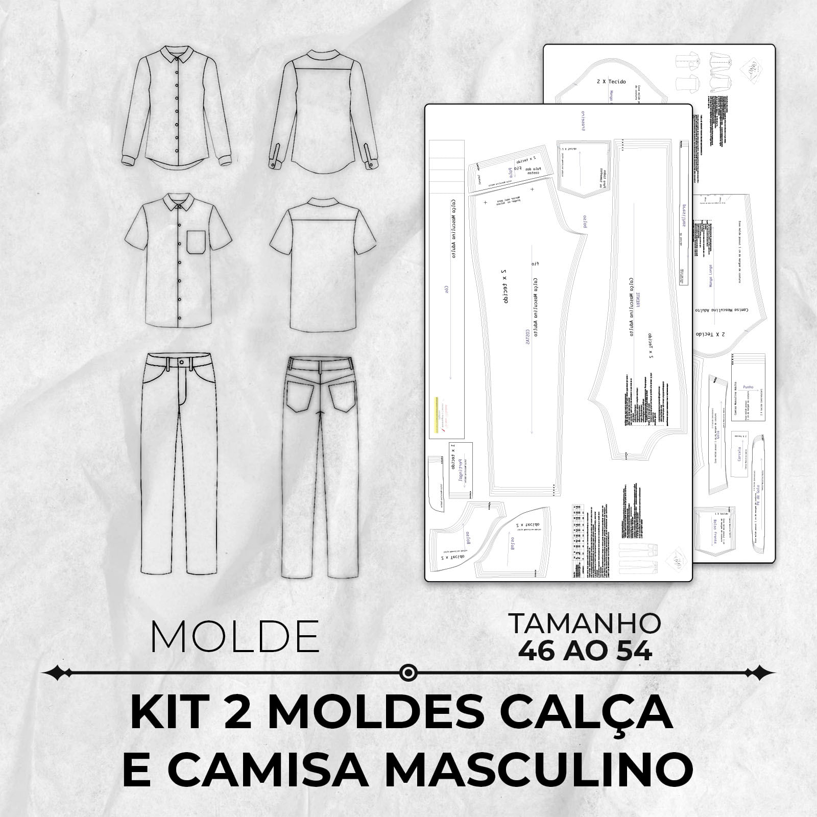 Kit 2 moldes calça e camisa masculino tamanho 46 ao 54 by Wania Machado