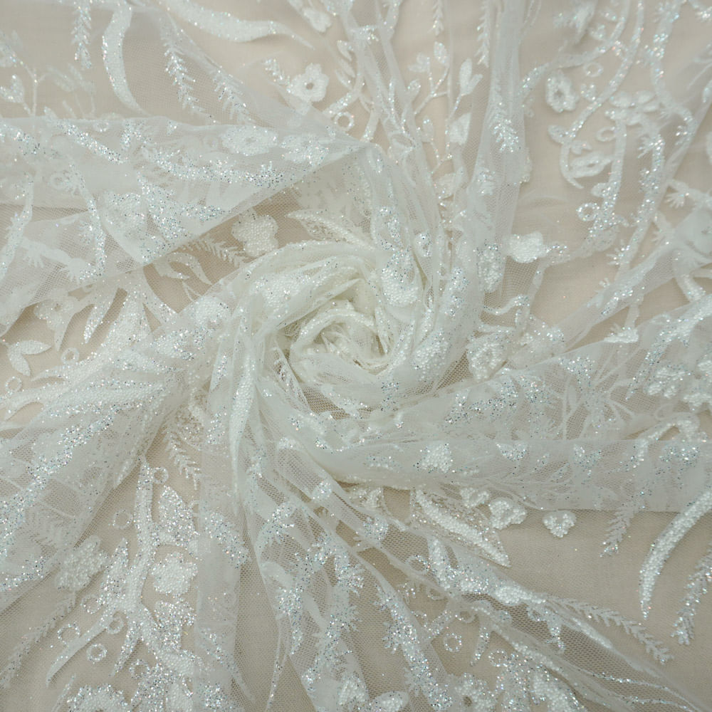 Tecido tule com glitter floral branco
