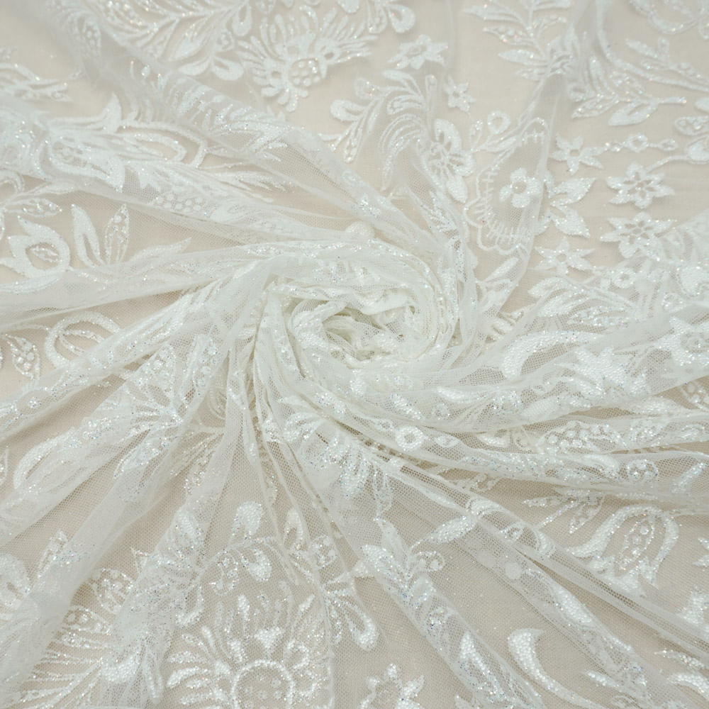 Tecido tule com glitter floral branco
