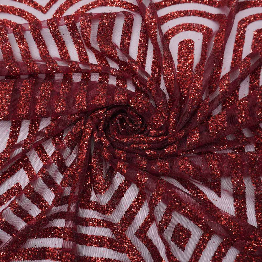 Tecido renda tule bordado glitter geométrico marsala