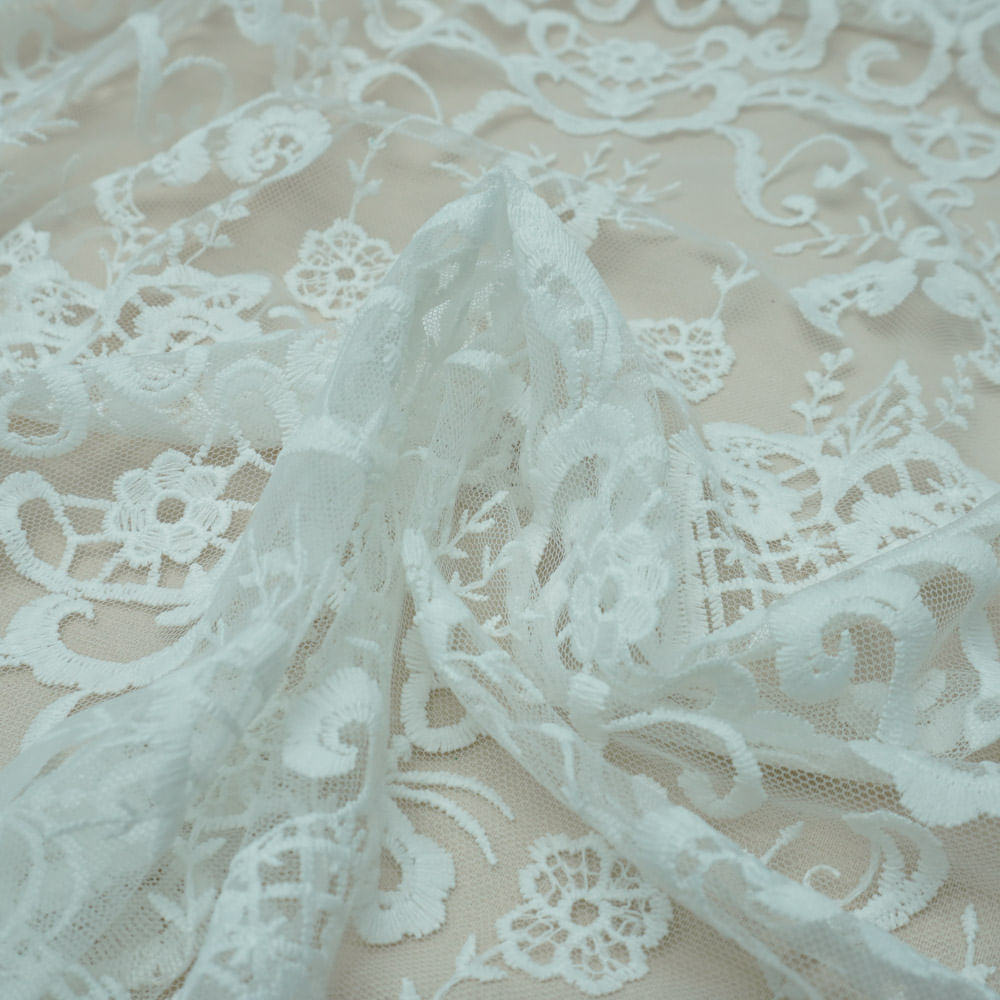 Tecido renda tule bordado arabesco off white
