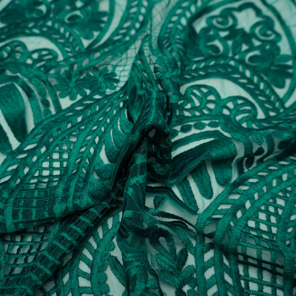 Tecido renda tule bordado arabesco verde escuro