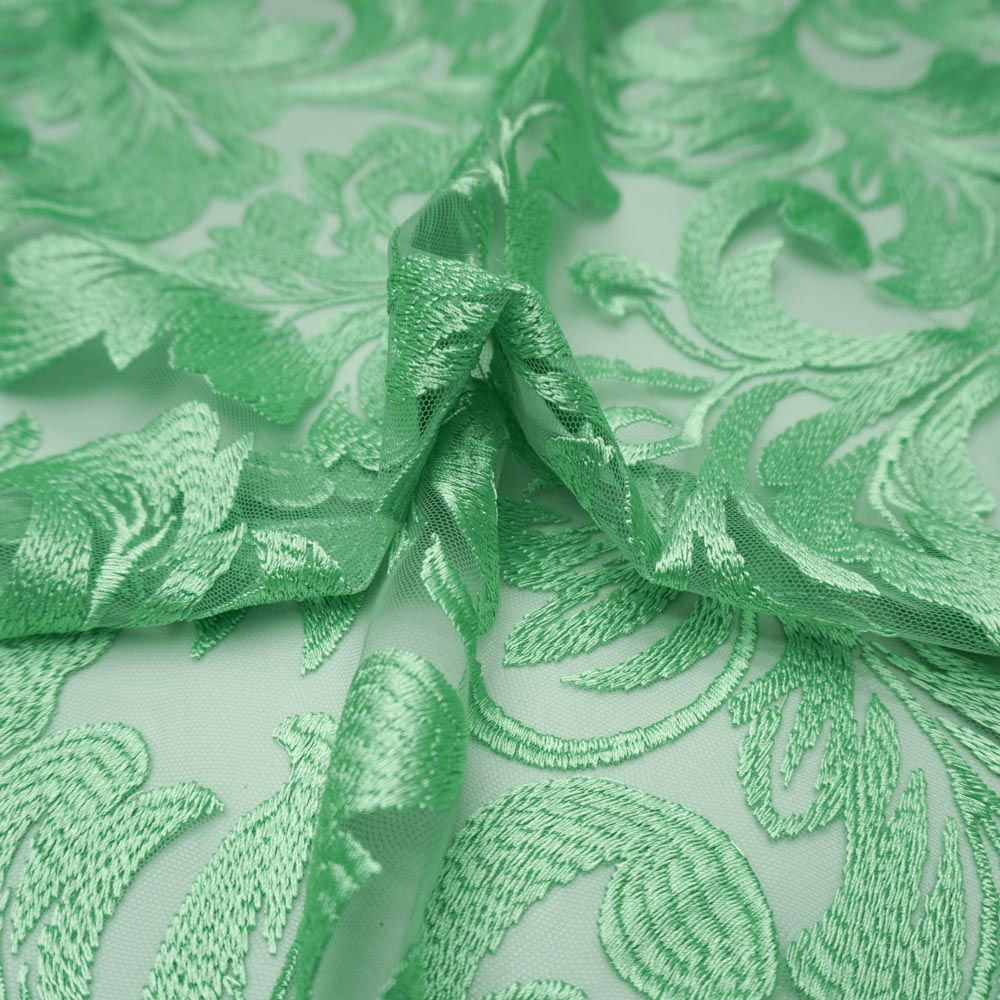 Tecido renda tule bordado floral verde menta