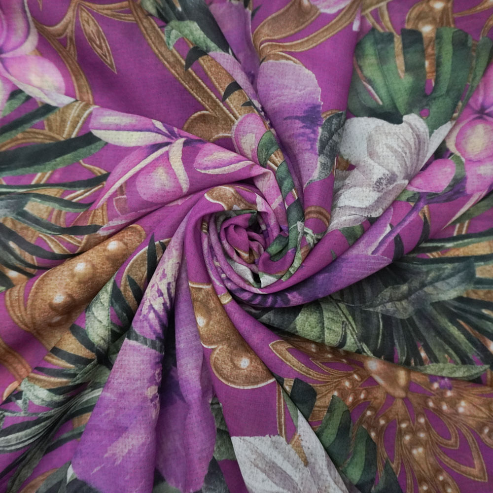 Tecido gazar toque de seda fucsia estampa digital floral