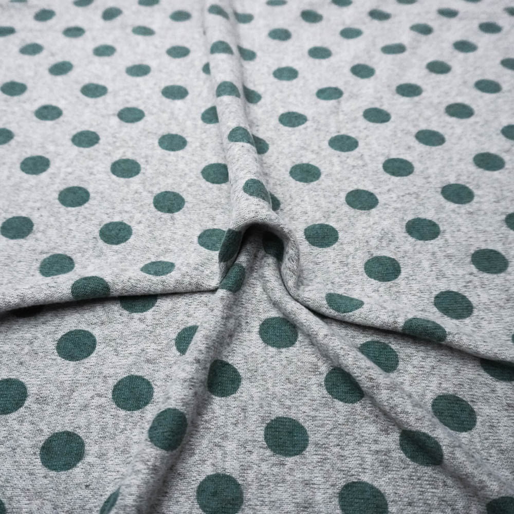 Tecido malha tricot cinza estampado poá verde