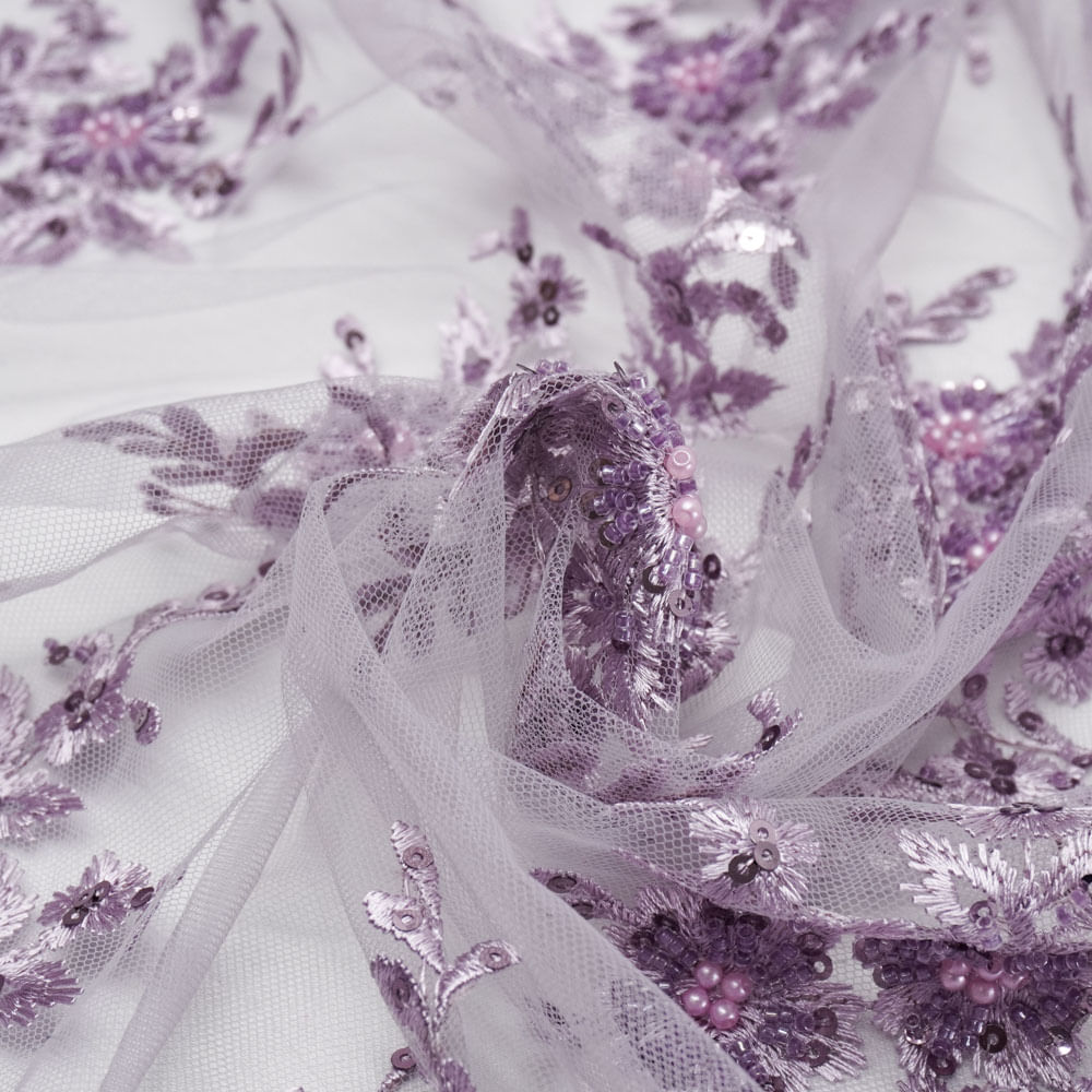 Tecido renda tule bordado pedraria paetê lilás