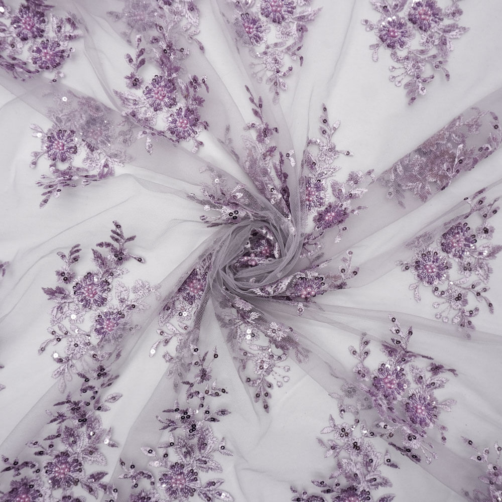 Tecido renda tule bordado pedraria paetê lilás
