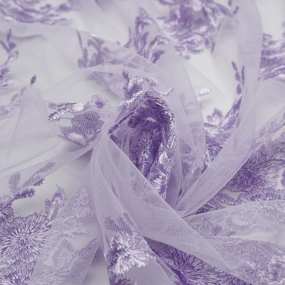 Tecido renda tule bordado lilás
