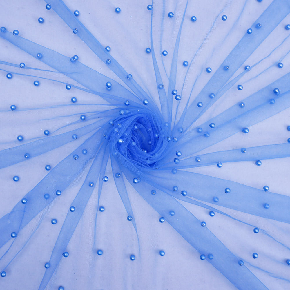 Azul Serenity Tule Bordado Perola Tecido Tule Bordado Com Pérolas