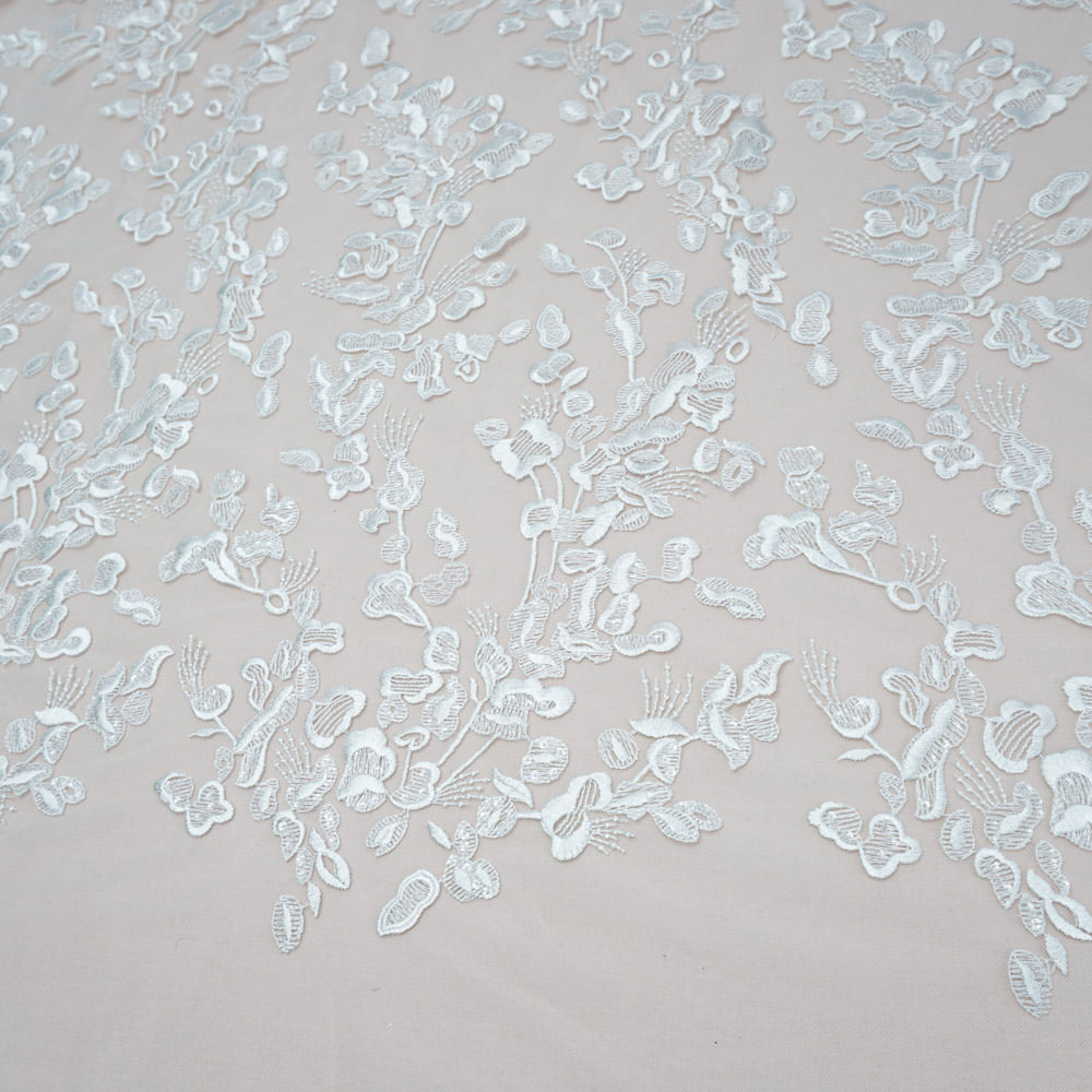 Tecido renda bordada paetê off white