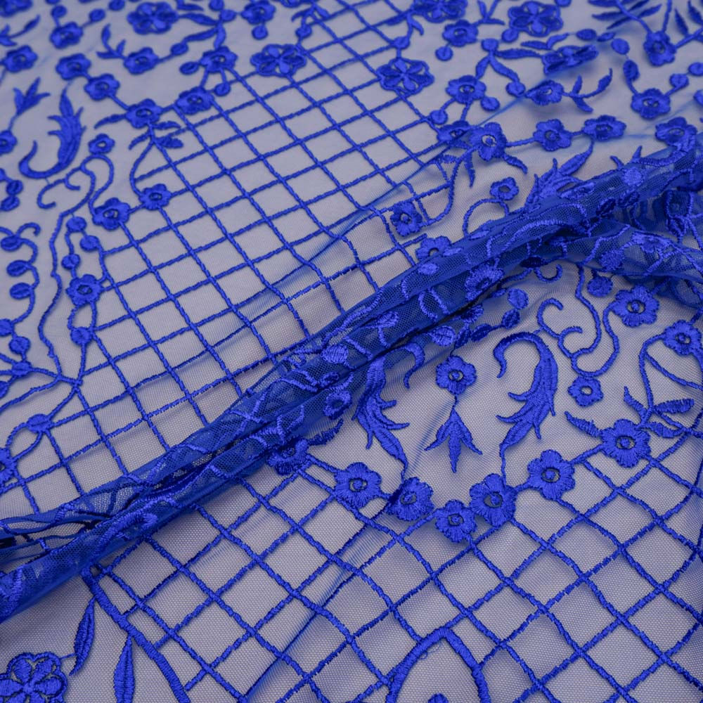 Tecido renda tule bordado floral azul royal