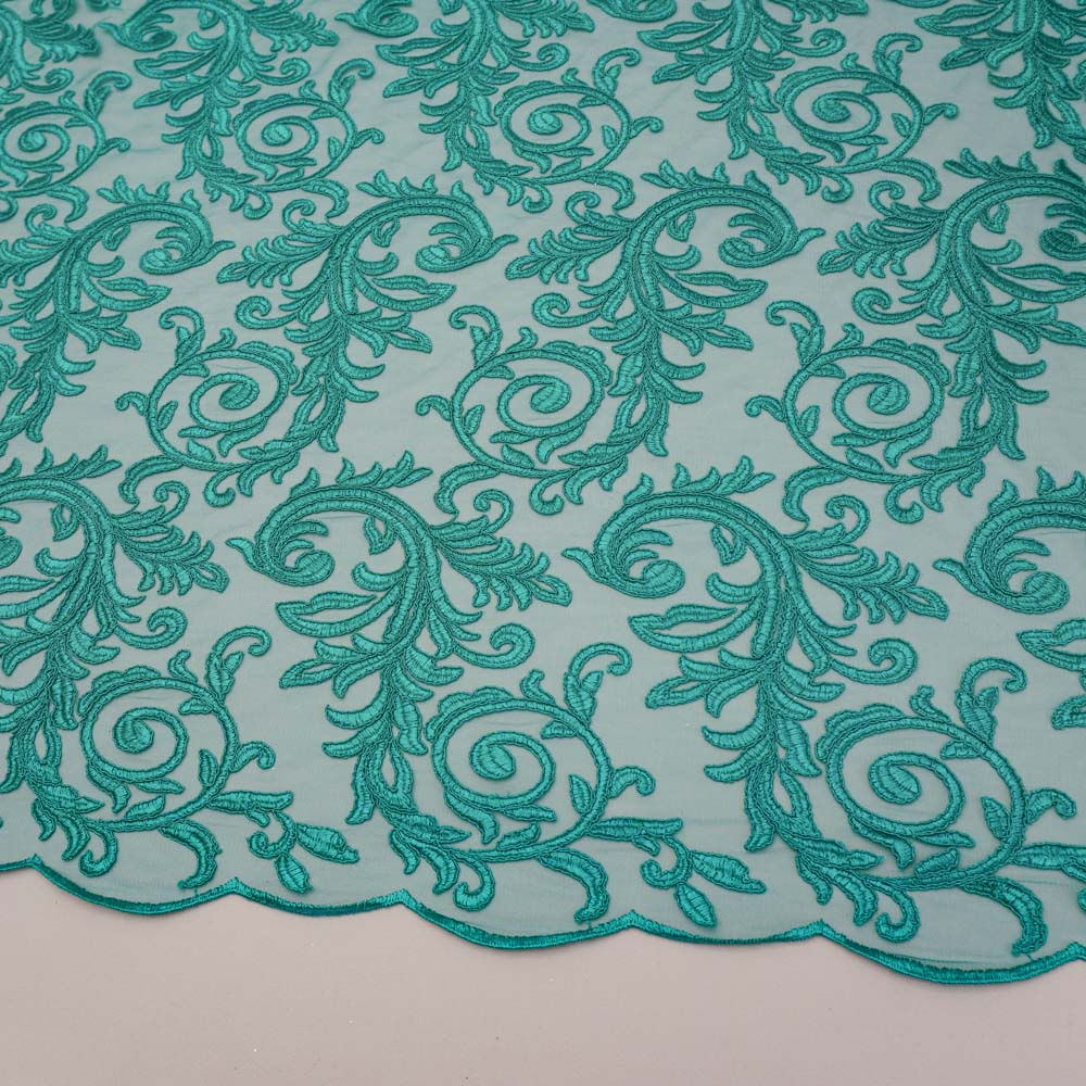 Tecido renda tule bordado cordonê verde jade