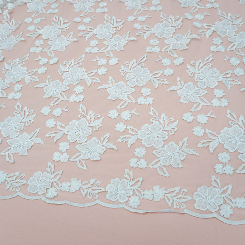 Tecido renda tule bordado floral branca