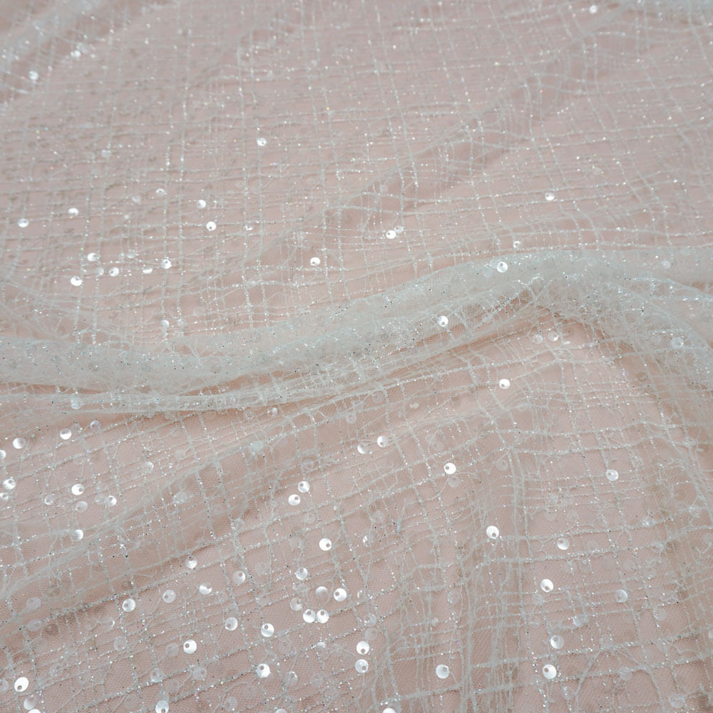Tecido tule bordado paetê com glitter branco