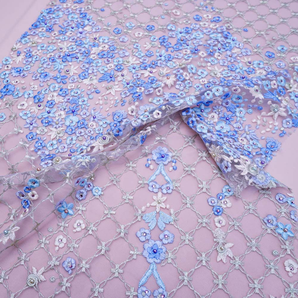 Tecido renda tule bordado pérolas floral lilás und 50cm x 130cm