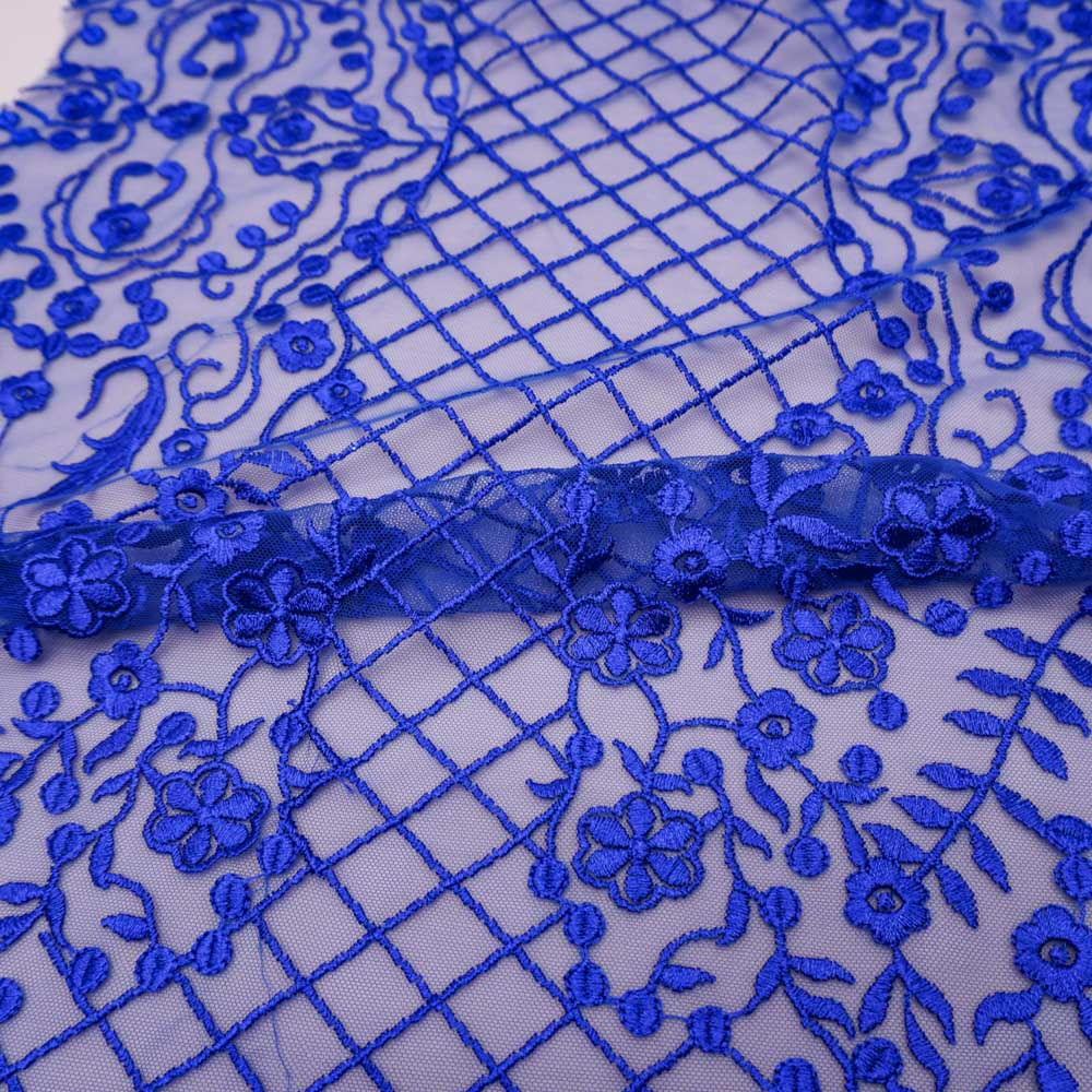 Tecido renda tule bordado floral azul royal und 40cm x 139cm