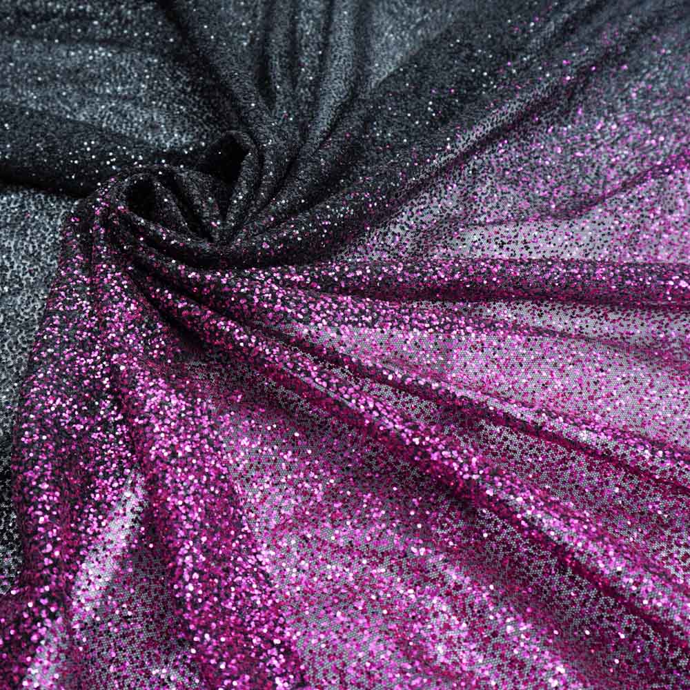 Tecido renda tule bordado com glitter cheio degradê preto/pink