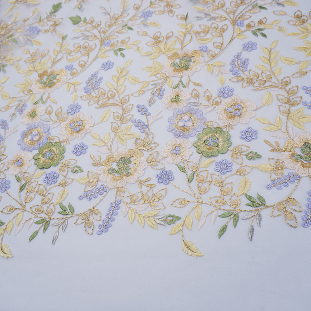 Tecido renda tule bordado floral dourado/azul