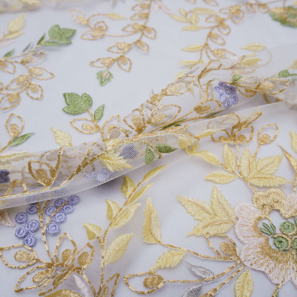 Tecido renda tule bordado floral dourado/azul