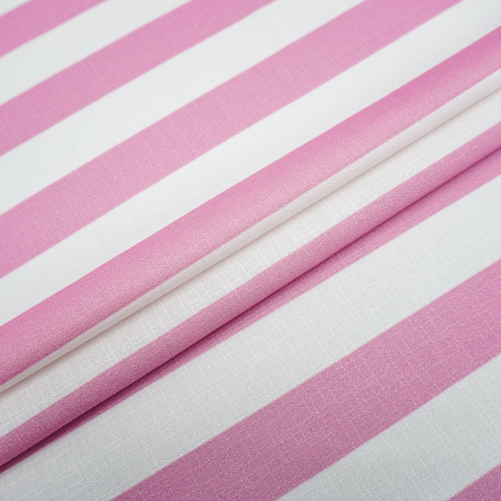 Tecido poliéster com textura de linho listrado branco/rosa