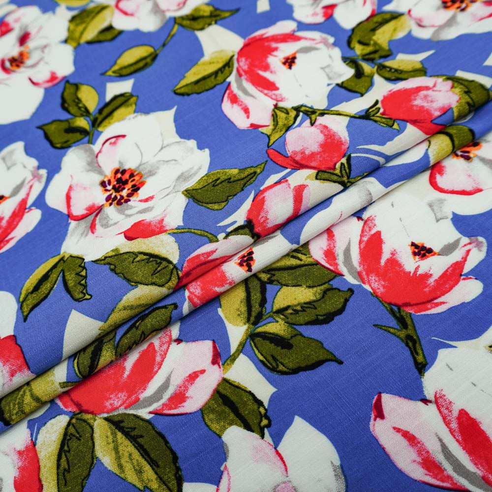 Tecido viscose azul royal estampado floral