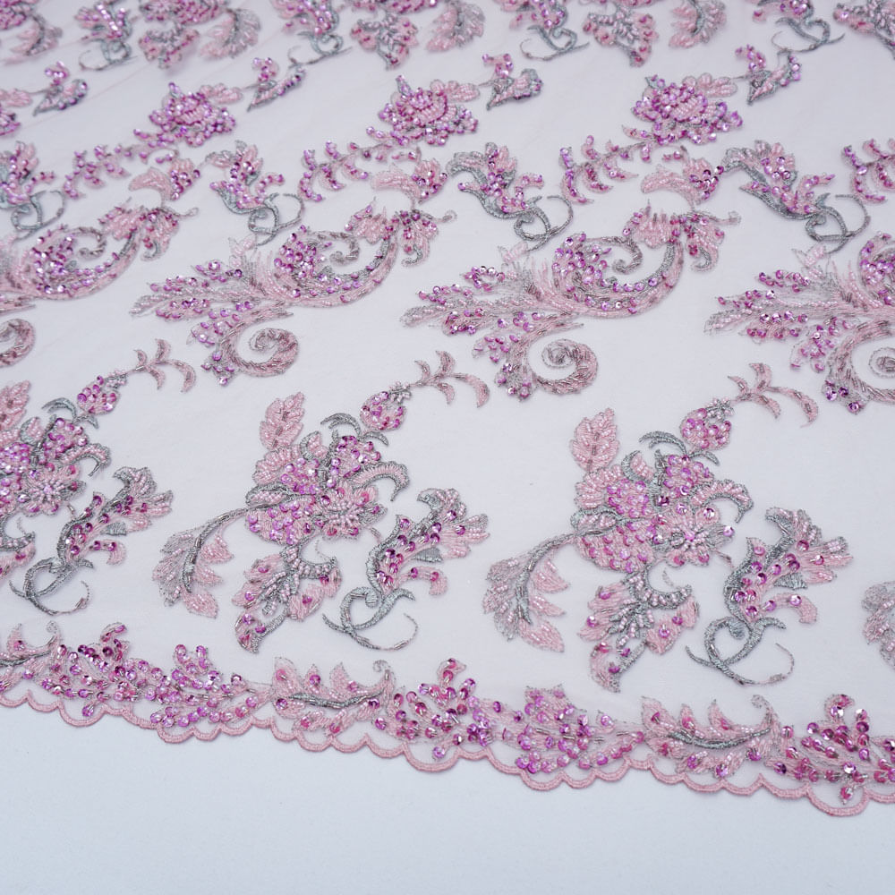 Tecido renda tule bordado com paetê e pedraria rosê