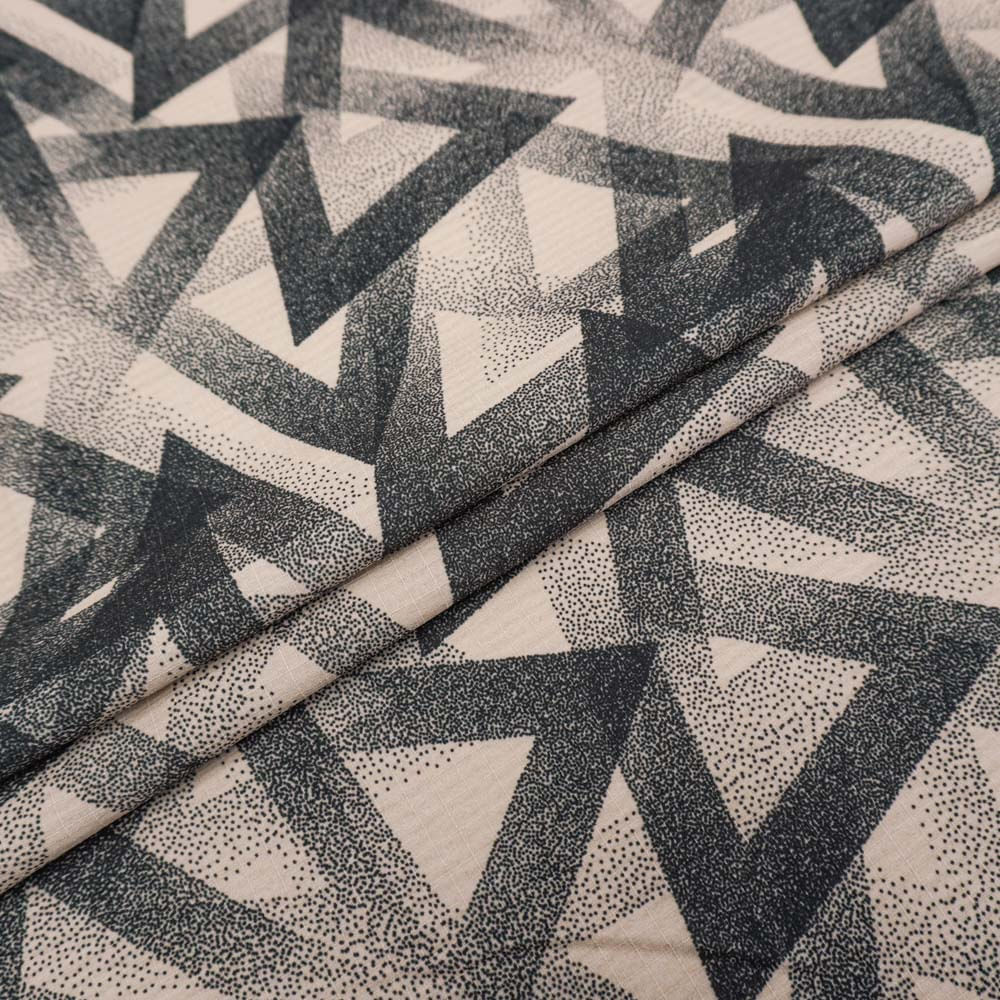 Tecido poliéster com textura de linho nude estampado geométrico
